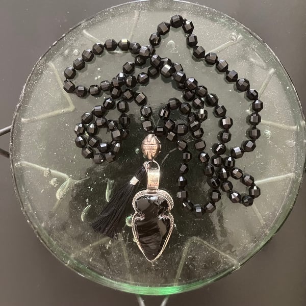 Image of BLACK OBSIDIAN WITH APACHE TEAR PENDANT