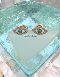 Image 1 of 14k diamond & Turquoise evil eye studs earrings 