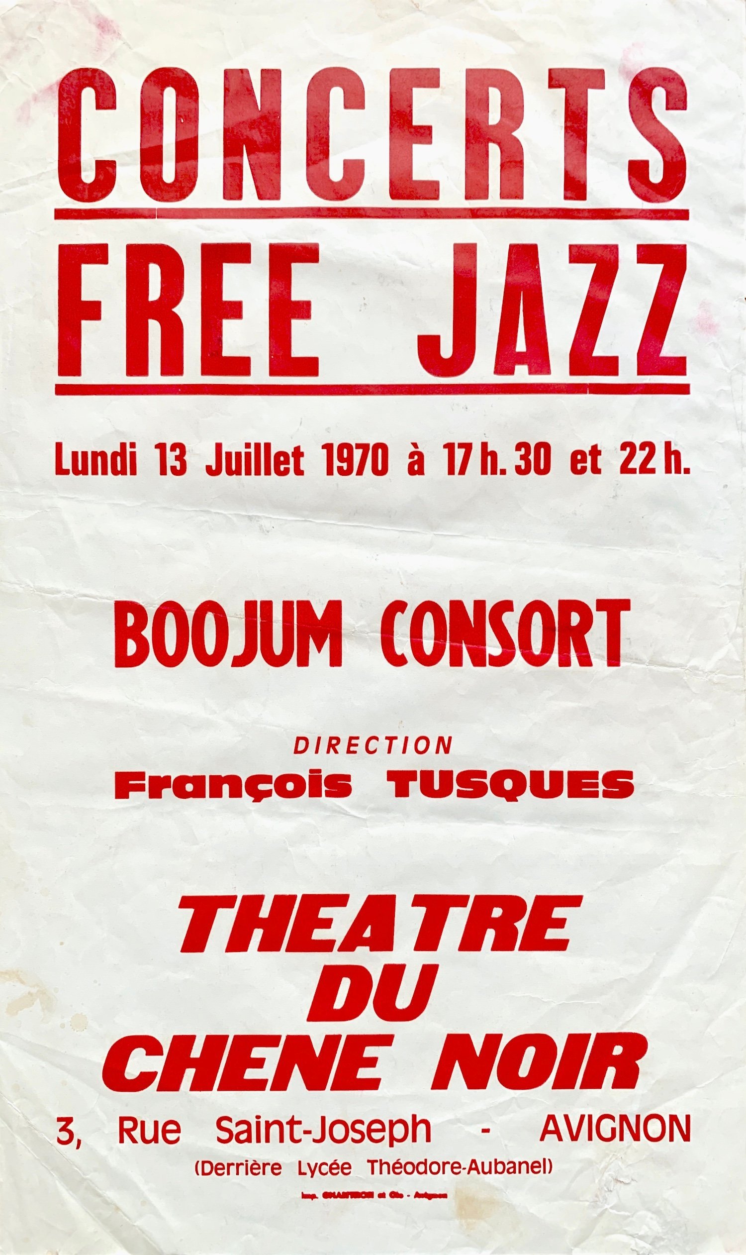 "Concerts Free Jazz" by Boojum Consort - Théatre du Chêne Noir poster. 