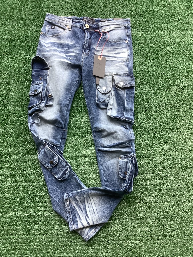 Image of Dark blue stacked pants