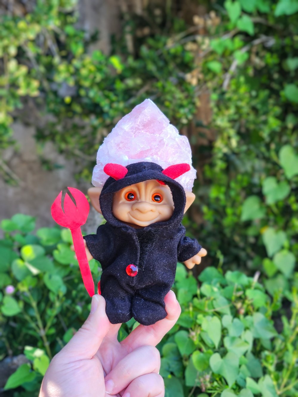 Rose Quartz of Mischief Black Devil Romper and Red Pitchfork 6"