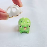 Image 2 of chubby frog with ghost mask ceramic figurine