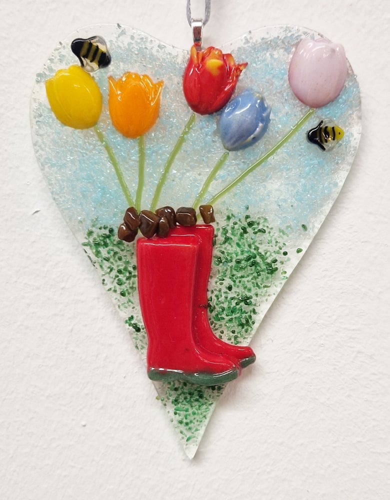 Image of Fused Glass Wellie and Tulip Heart