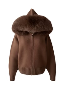 Image 2 of brown knit cardigan with fox fur collar 