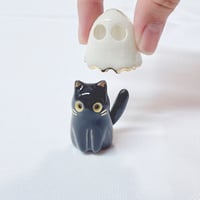 Image 2 of Glow In Dark Black Cat With Ghost Mask Ceramic Figurine 3