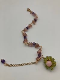 Image 1 of Peridot Rosary Flower Power bracelet featuring strawberry quartz and amethyst