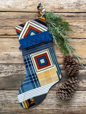 Image of CHRISTMAS STOCKINGS - BLUE/YELLOW PATCHWORK