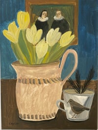 Yellow tulips in a blue room
