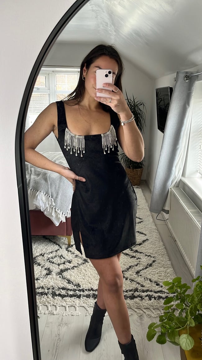 Velvet Strap Mini Dress With 'Diamante' Rhinestones