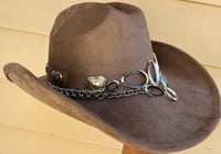 Image 3 of  Taupe Faux Suede Cowboy Hat Chain & Metal Band