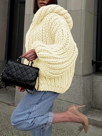 Image 1 of Cozy Thickened Hooded Lantern Sleeve Cardigan Sweater 