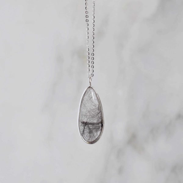 Image of Black Rutilated Quartz (Black Tourmalined Quartz) pear shape cabochon cut silver necklace