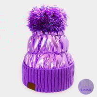 Image 5 of Foil Metallic Winter Puffer Pom Pom Beanie for Women