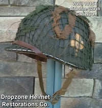 Image 1 of WWII M1 101st Airborne Division 327th GIR Helmet & Westinghouse Liner. OD#7 Drawstring Net. NCO