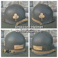 Image 2 of WWII M1 101st Airborne Division 327th GIR Helmet & Westinghouse Liner. OD#7 Drawstring Net. NCO