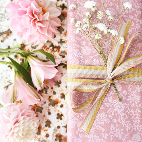 Image of Kit papier fleurettes roses et ruban rayé