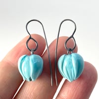 Image 3 of Teal Tulips: Art Glass Earrings. Ready To Ship.