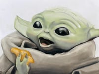 Baby Yoda with Dino Nuggie Color Pencil Drawing- $15 8.5x11" Print- PREORDER