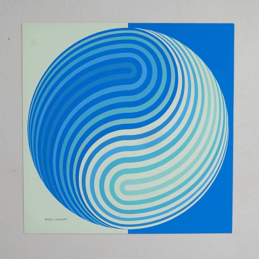 Image of Alberto Merino 1970's Yin Yang Serigraph Silk Screen Print Blue