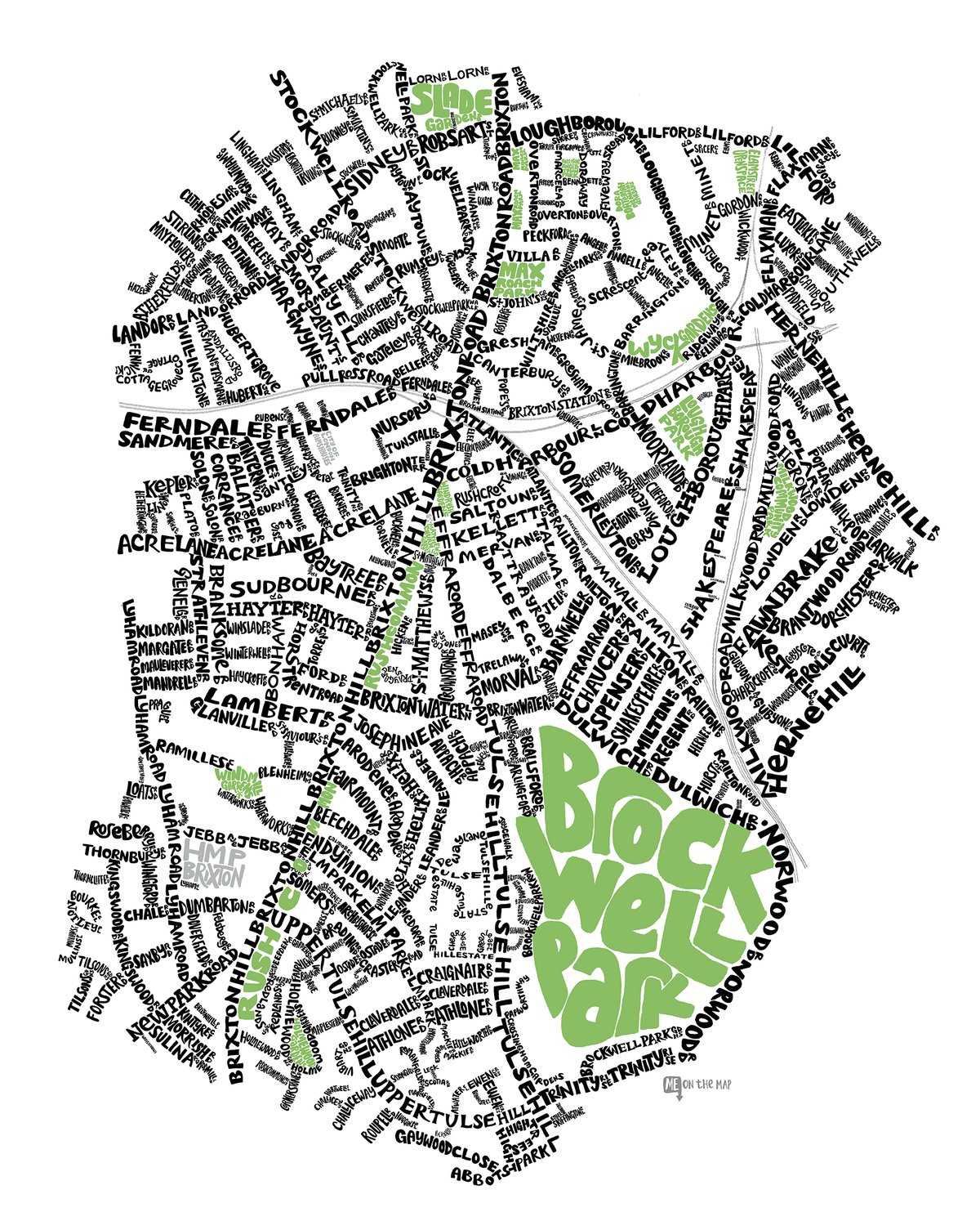 Brixton, Brixton Hill & Tulse Hill - Typographic Street Map | Me On The Map