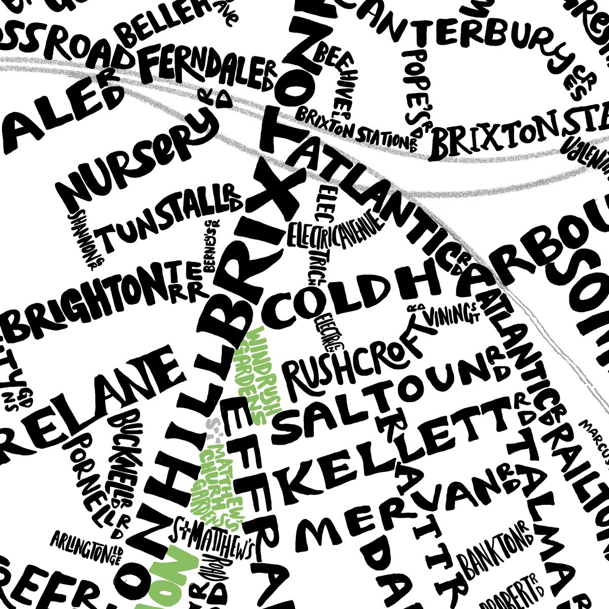 Brixton, Brixton Hill & Tulse Hill - Typographic Street Map | Me On The Map
