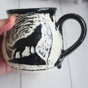 Image of Black Dog Sgraffito Garden Mug, 14 oz. Hand Carved German Shepherd Design Specialty Mug, Made in USA