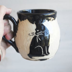 Image of Black Cat Sgraffito Mug, Hand Carved Kitty Coffee Cup, 12 oz., Made in USA