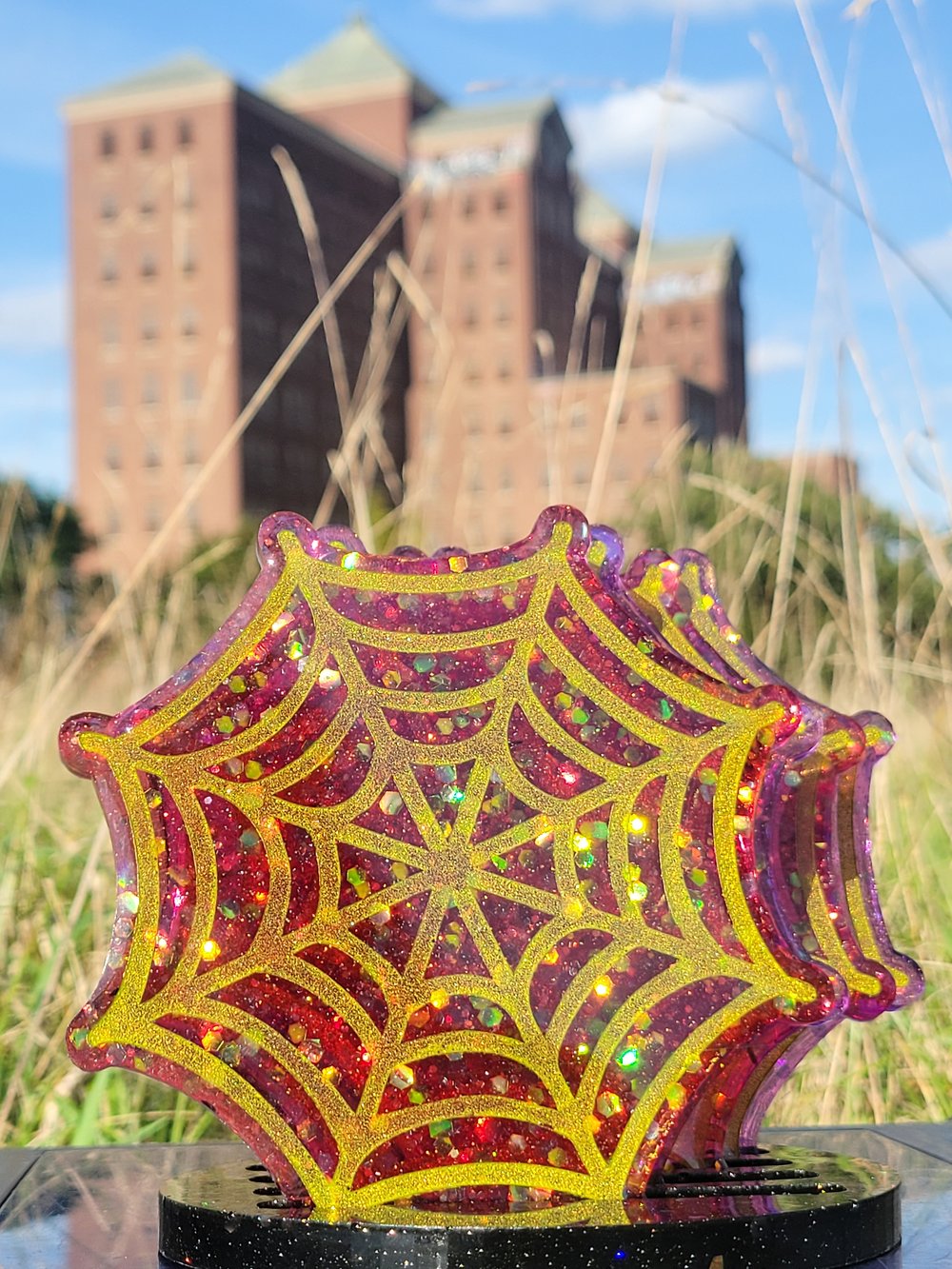 Image of Set of 4 Spiderweb Coasters w/ Stand: Translucent Red and Purple