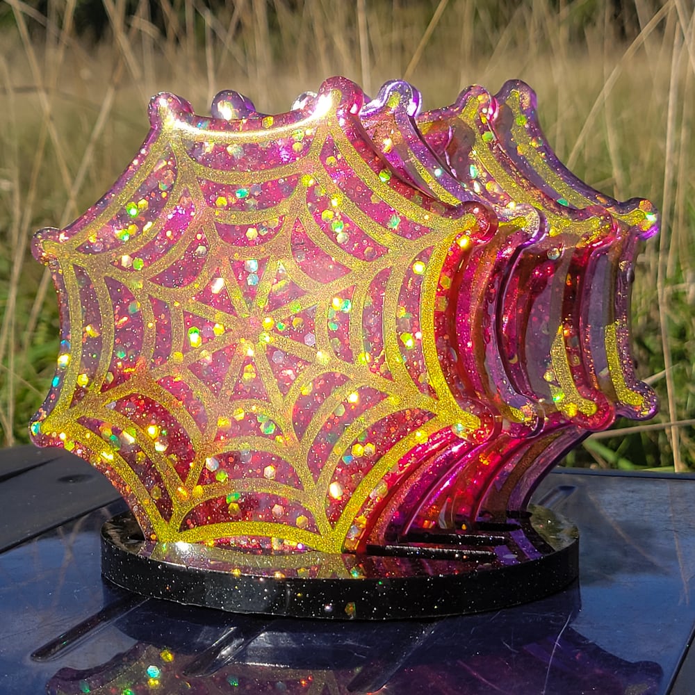 Image of Set of 4 Spiderweb Coasters w/ Stand: Translucent Red and Purple