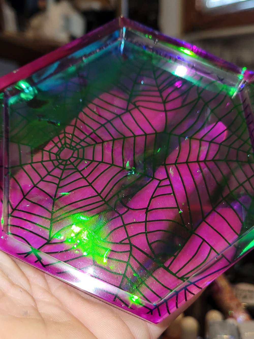 Image of Purple Spiderweb Clearidescent Hexagon Coaster