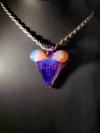 Image 1 of Opaline/purple rainbow great white shark tooth pendant.