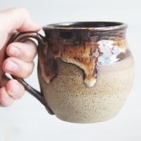 Image 4 of Rustic Speckled Pottery Mug with Dripping Glazes, 14 oz. Handmade Coffee Cup, Made in USA
