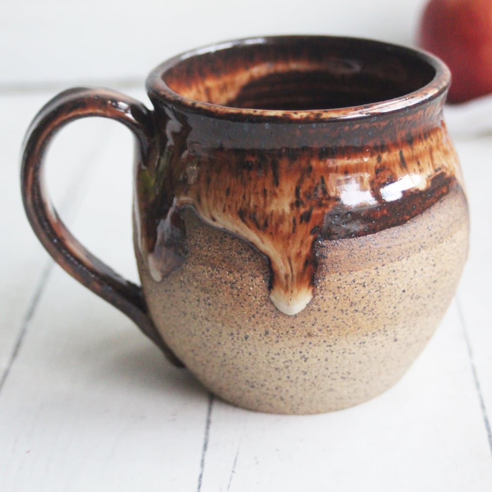 Image of Rustic Speckled Pottery Mug with Dripping Glazes, 14 oz. Handmade Coffee Cup, Made in USA