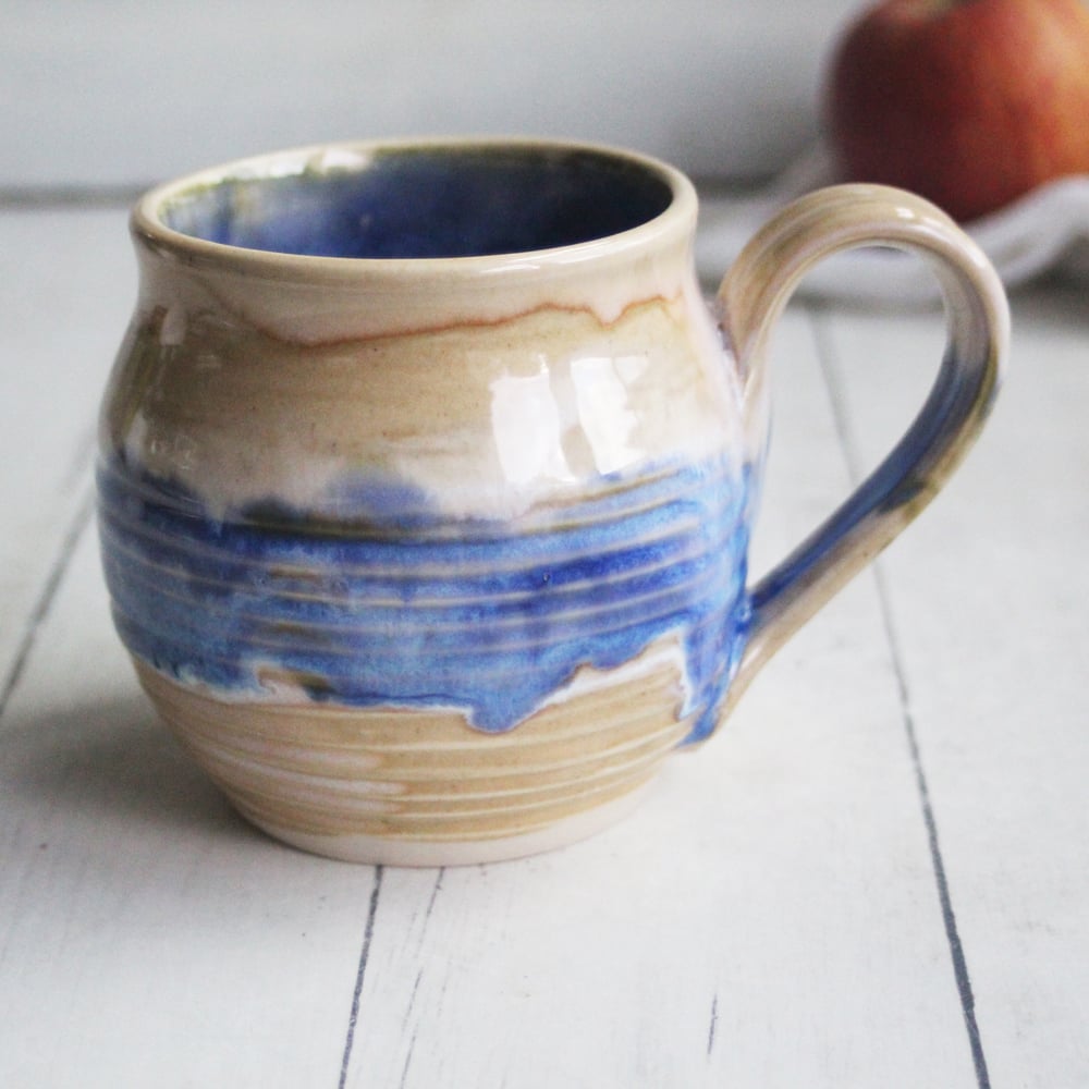 Image of Handmade Blue and Oatmeal White Stoneware Mug, Coffee Cup 14 oz., Made in USA (B)