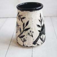 Image 5 of Chickadee and Wren, Carved Pottery Vase, Black and White Sgraffito Bird Art