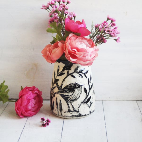 Image of Chickadee and Wren, Carved Pottery Vase, Black and White Sgraffito Bird Art