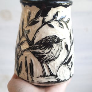 Image of Chickadee and Wren, Carved Pottery Vase, Black and White Sgraffito Bird Art