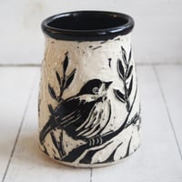 Image 4 of Chickadee and Wren, Carved Pottery Vase, Black and White Sgraffito Bird Art