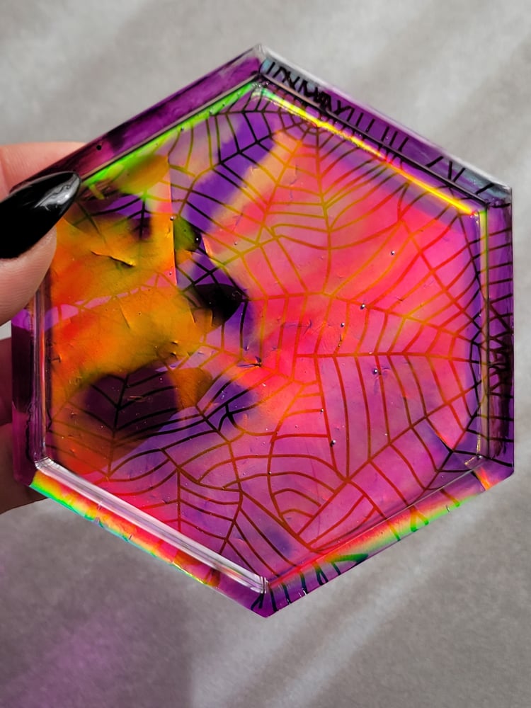 Image of Purple Spiderweb Clearidescent Hexagon Coaster