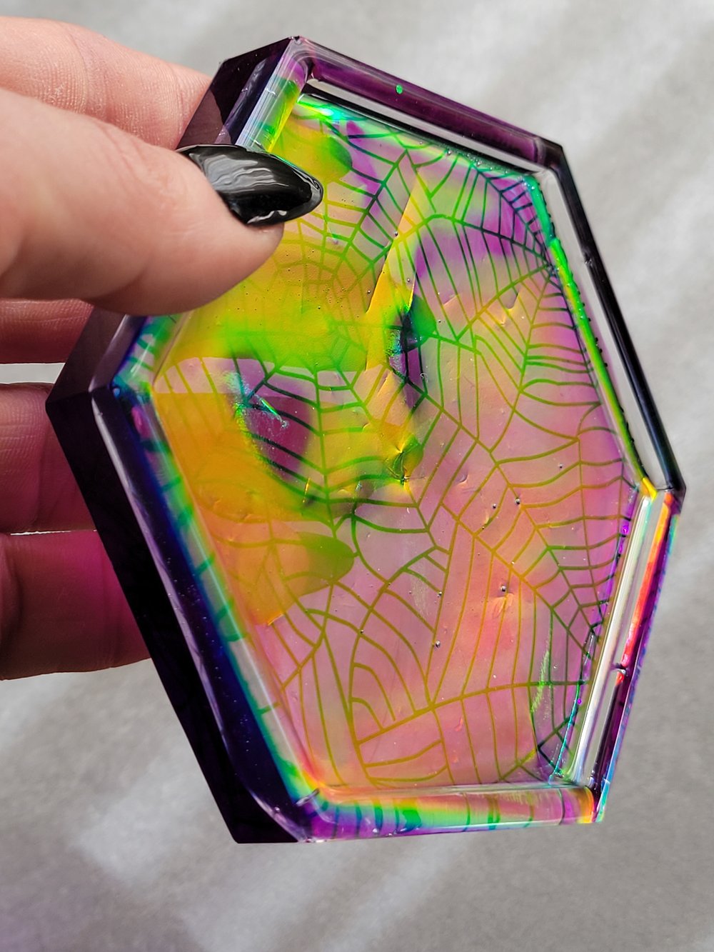Image of Purple Spiderweb Clearidescent Hexagon Coaster