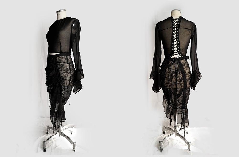 Image of ‘TEARS‘ top and ‘SKELETON‘ skirt black