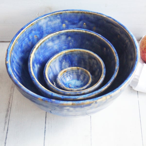 Image of Four Bowl Nesting Set, Ceramic Pottery Bowls in Blue Starry Night Glazes, Made in USA