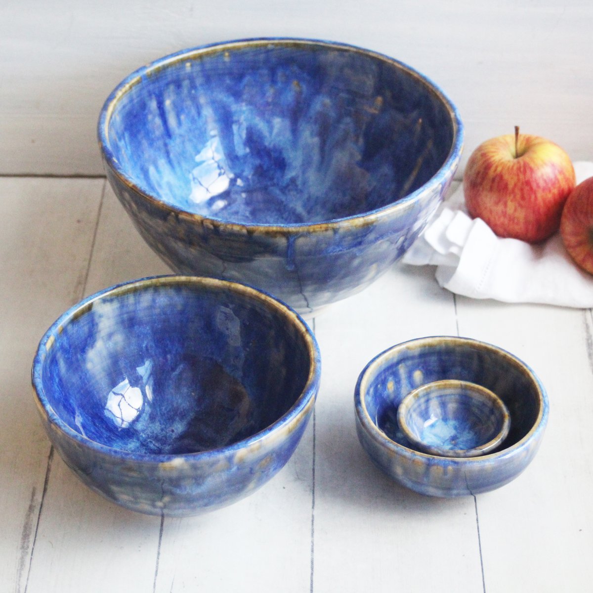 Rustic Blue Large Stoneware Nesting Bowls Mixing Bowls MADE TO ORDER 