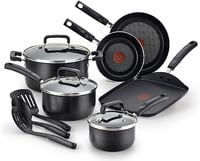 T-fal Signature Nonstick Cookware Set 12 Piece Pots and Pans, Dishwasher Safe Black