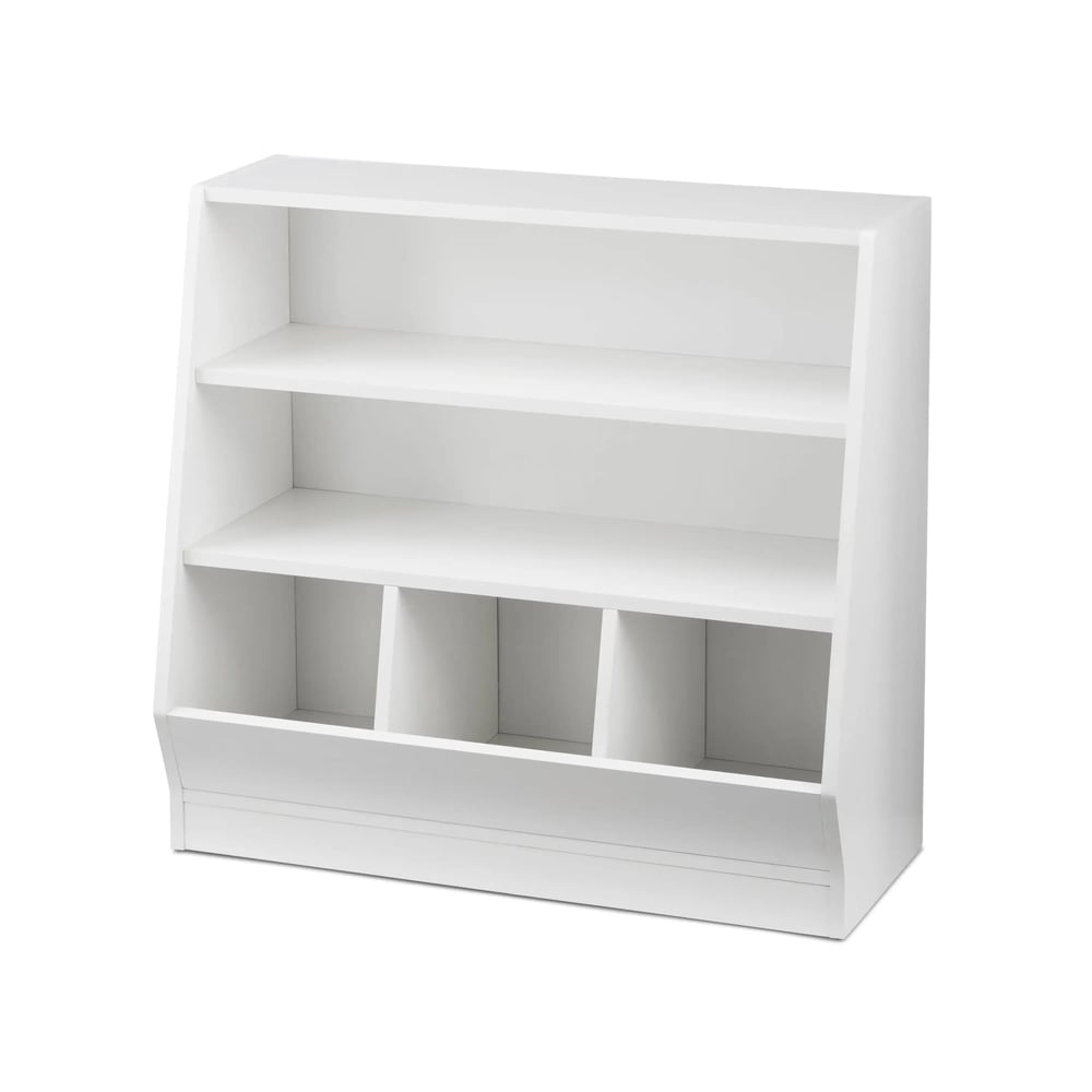 Kids Bin Storage and Two Shelf Bookcase, White Book Shelf for Kids