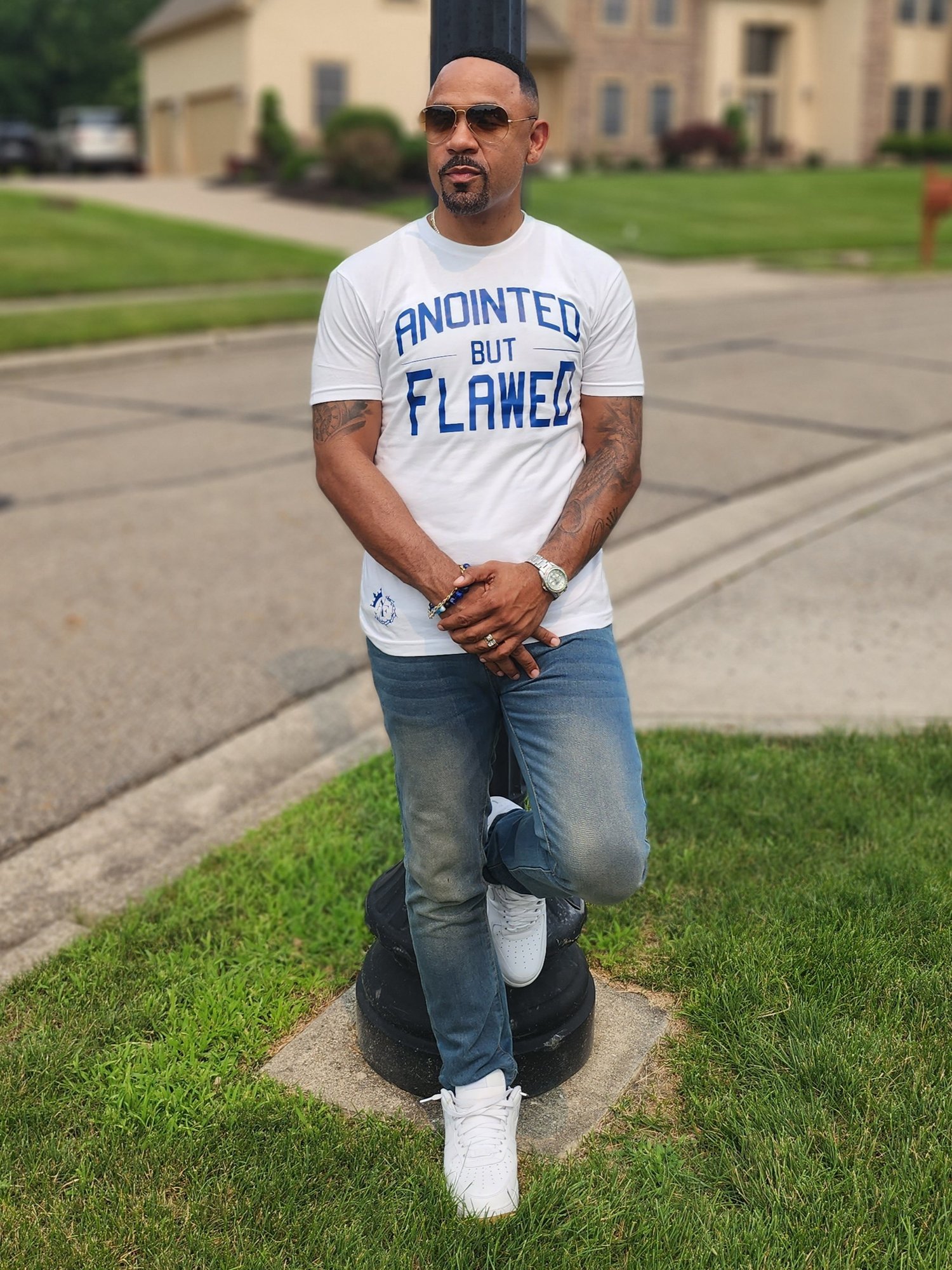 Image of Anointed But Flawed T-Shirt/White & Blue