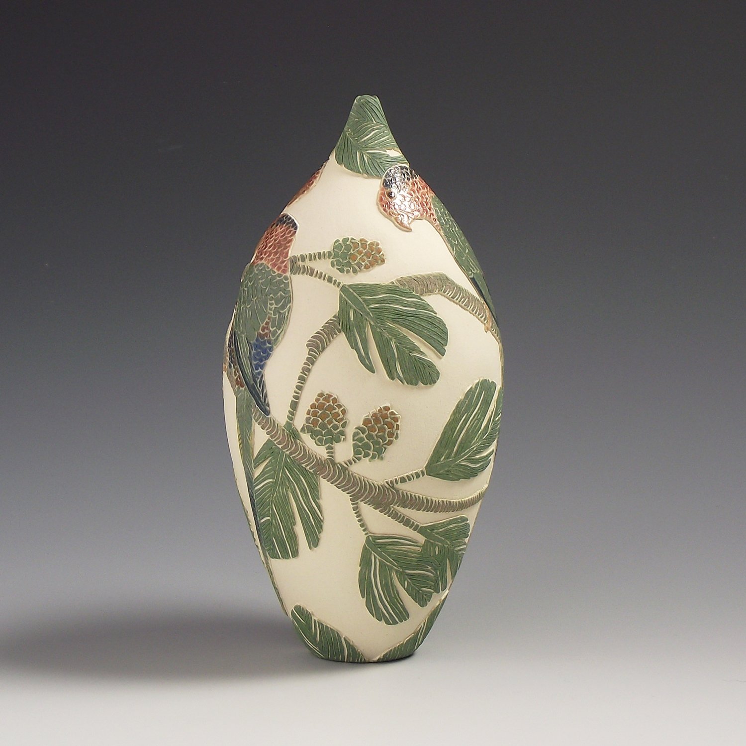 Image of Papuan Lorikeets & casuarina tree sgraffito vessel