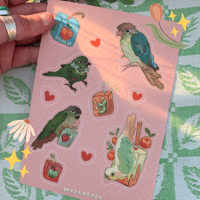 Image 1 of green cheek conures & juice boxes sticker sheet