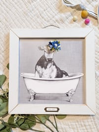 Cow in the Bathtub with Blue Flowers