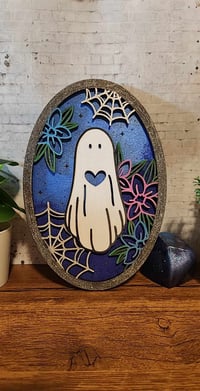 Image 1 of Wood Oval Laser Cut Ghost Floral and Web Art 